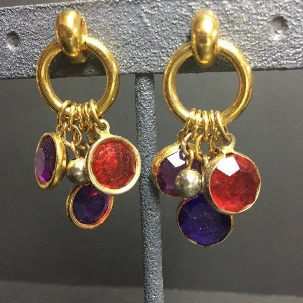 Dangle Hoop Earrings Gold Faceted Bezel Red Purple Magenta Retro Boho Barbie